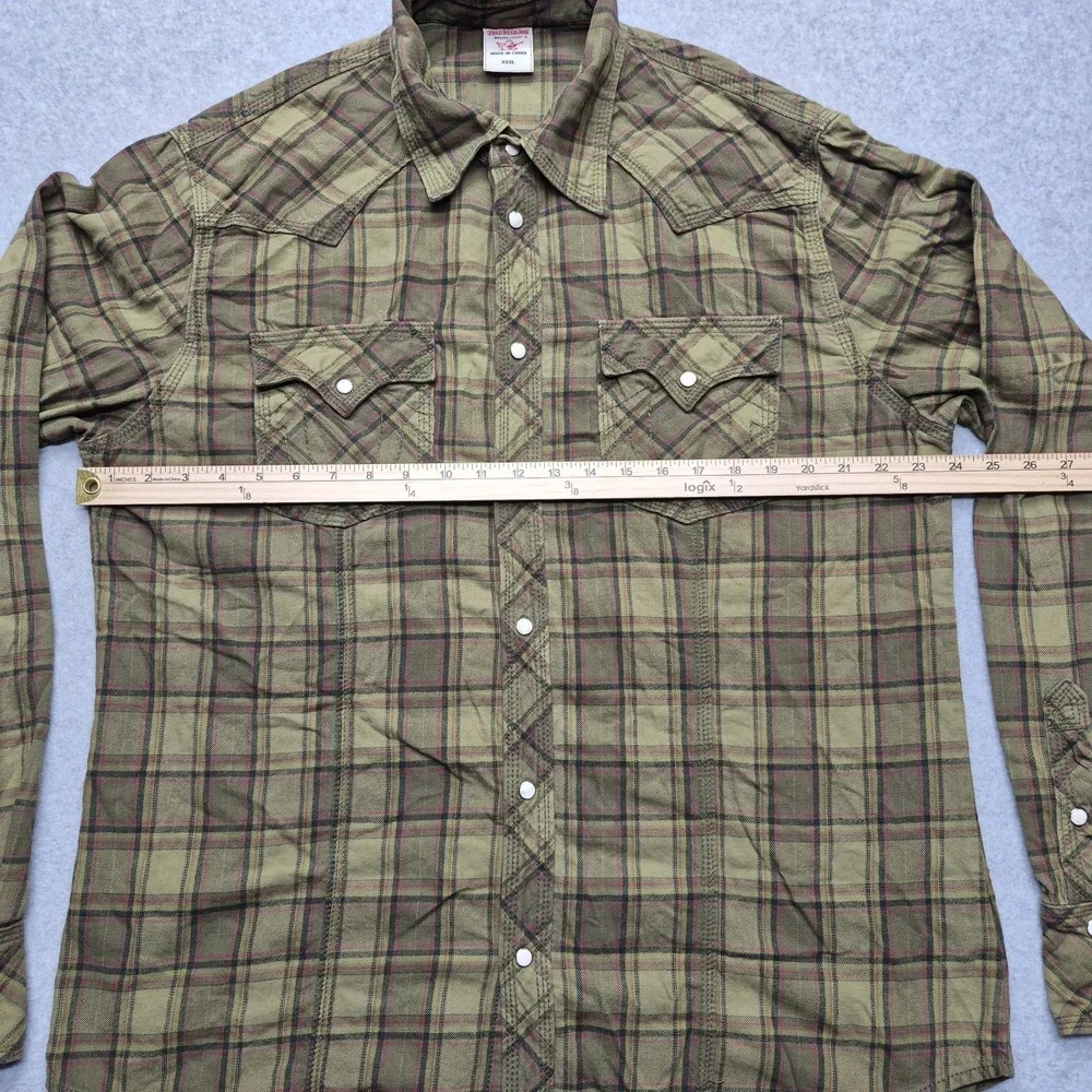 True Religion Shirt Mens 3XL Olive Green Western Pearl Snap Plaid Long Sleeve